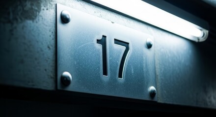 Aged Metal Plate Displaying Number Seventeen Under Luminescent Artificial Lighting