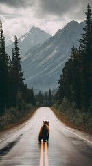 Wild bear walking on mountain road after rain in natural environment