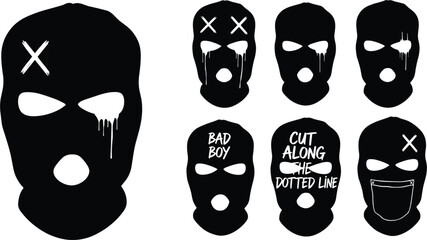 A collection of black ski mask designs with various inscriptions and styles, isolated on perfect for graphic design, prints, and creative projects