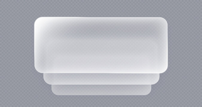 Liquid glass push button, 3d light frame banner set, glass panel for mobile and web app, tech board frame in futuristic style. Light png banner stack with glow effect, vector illustration.