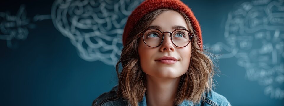 Thoughtful young woman with glasses and hat gazing upward against a colorful brain illustration