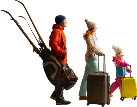 Parents and child walking with skis and travel suitcases in winter gear on transparent background. Concept of winter sport tourism, family adventure visuals, and mobility-oriented advertising.