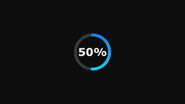 Animated Circular Progress Bar Loading 0-100 Percent. Blue gradient technology interface indicator on dark background for software update or data transfer