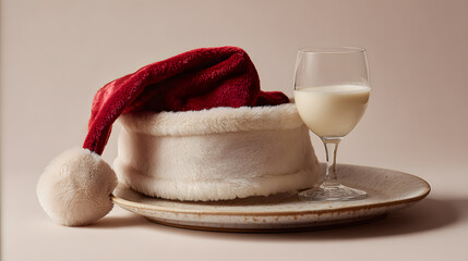 Festive santa hat filled with eggnog on a plate