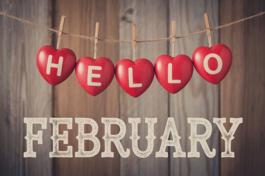 Hearts spells hello february hanging on rope on wood background - Powered by Adobe