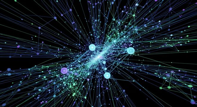 Abstract visualization of a complex digital network with glowing nodes and connections on a dark background.