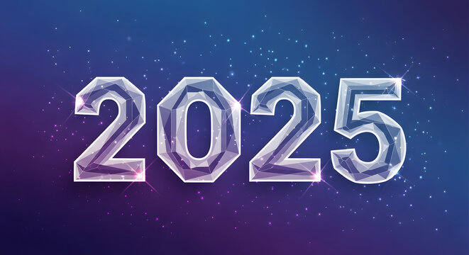 Elegant 2025 crystal numbers on a vibrant digital background