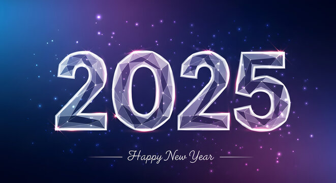 Polygonal 2025 new year banner with sparkling futuristic design.