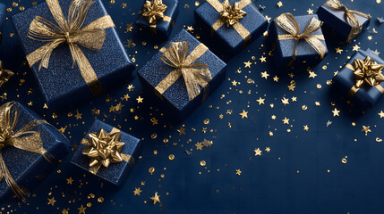 Elegant dark blue gift boxes with gold ribbon and falling confetti