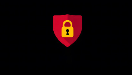 Red shield with yellow lock on black background symbolizing cybersecurity protection and data privacy, created as flat vector illustration representing online safety and digital defense concept