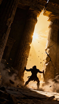 Silhouette of Samson pushing apart massive temple pillars causing destruction and falling debris