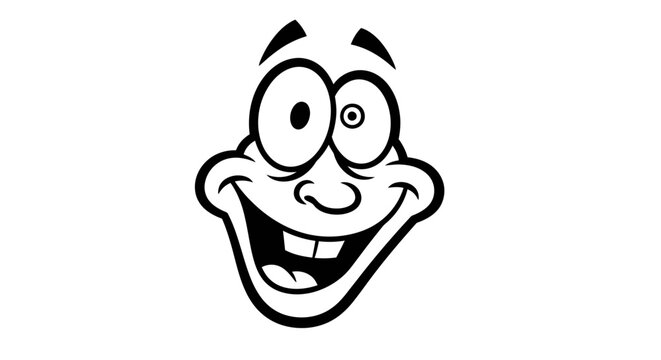 A black and white cartoon face with a wide, goofy smile and exaggerated, crazy eyes, expressing silliness or madness.
