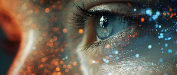 Close-up of woman eye with digital interface overlay in blue and orange tones symbolizing technology, biometric security, and artificial intelligence in a futuristic double exposure concept