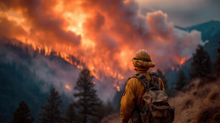 Firefighter facing wildfire with smoky backdrop, climate change, emergency response profession in action 