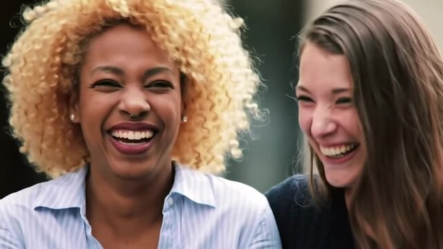 Diverse women laughing, close up in an outdoor setting, for friendship and joy concepts