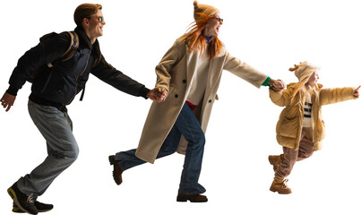 Family running playfully forward in warm winter outfits on transparent background. Concept of dynamic lifestyle visuals, tourism materials, and family mobility advertising
