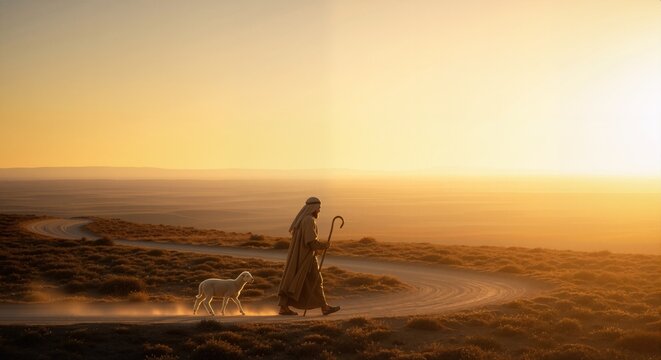 Shepherd leading a sheep with a staff along a winding road in golden light