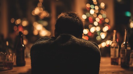 lonely man sitting in dimly lit bar during christmas night mood