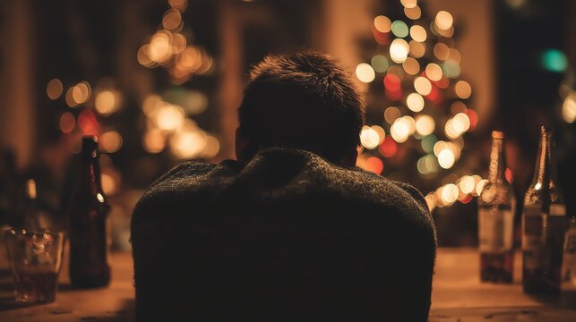 lonely man sitting in dimly lit bar during christmas night mood