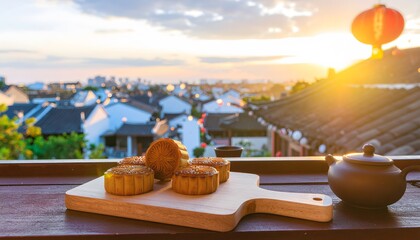 Mooncakes and Tea at Sunset Over Traditional Chinese Town