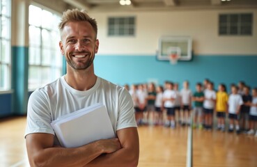 Smiling male coach holds papers in school gymnasium. Blurred children in sports attire stand ready. Indoor physical education lesson begins. Healthy active lifestyle motivation.