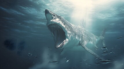 Fototapeta premium Majestic Megalodon Emerges Awe Inspiring Prehistoric Ocean Scene Digital Illustration Stock Photo