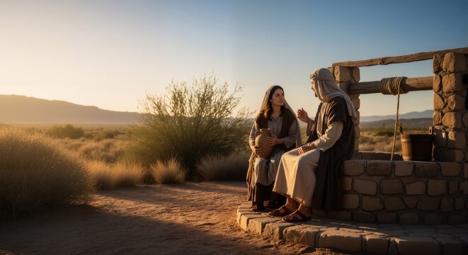 Woman with pitcher listening to Jesus sitting by an ancient well in warm evening light