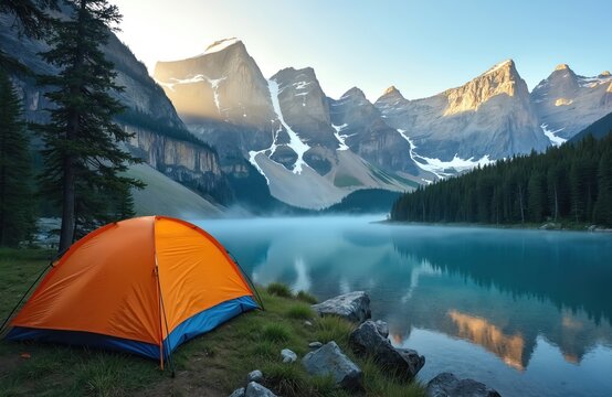 Orange camping tent pitched by clear turquoise mountain lake at dawn. Pine forest lines calm water. Majestic snow capped peaks reflect in lake surface under blue sky.