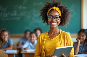 Smiling Black female teacher holds tablet computer in classroom. Students blurred in background sit at desks. Education, learning, and technology concept.