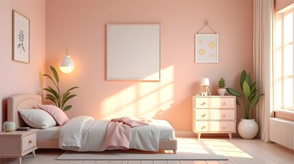 Cozy Pastel Girl’s Bedroom Interior with Warm Lighting, Clean Aesthetic Design, and Soft Decorative Details