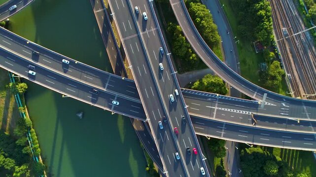 Aerial Drone View of Multilevel Highway Interchange with Traffic at Sunset