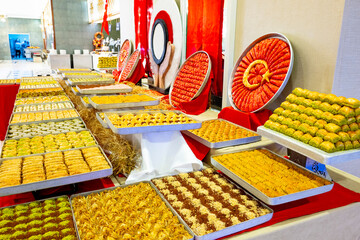 Karisik Turk tatlilari. New dessert varieties at the  luxury hotel open buffet. Milk-based desserts,  Turkish Dessert Sobiyet, havuc dilimi, midye baklava, mussels baklava and classic baklava. 