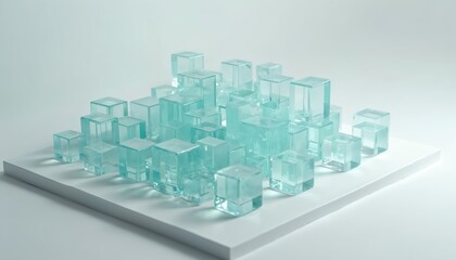 Glass cubes arranged on white surface, resembling city skyline or data blocks. Abstract geometric forms create modern architectural concept. Clean, minimalist composition with cool blue tones.