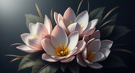 Elegant pink and white flowers with green leaves on dark background