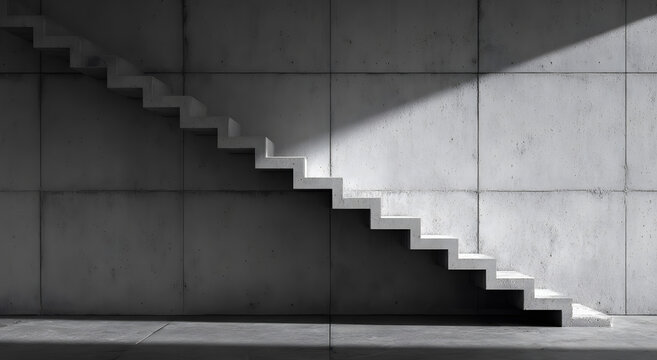 3D render of minimalistic staircase against an empty concrete wall background showing clean architectural geometry, abstract design, and modern composition symbolizing simplicity, direction