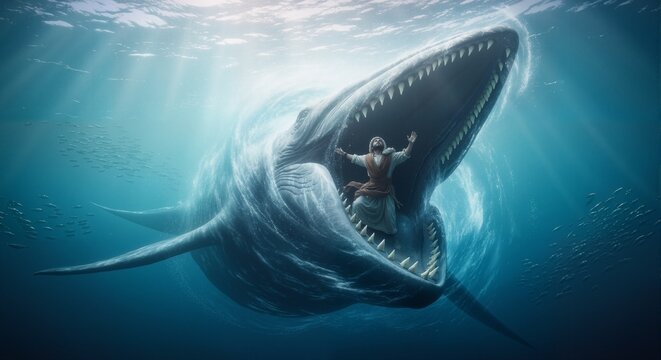 Underwater view of Jonah praying inside the mouth of a great fish with sunlight rays