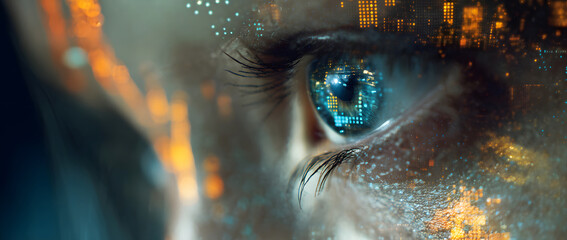 Close-up of woman eye with digital interface overlay in blue and orange tones symbolizing technology, biometric security, and artificial intelligence in futuristic double exposure concept