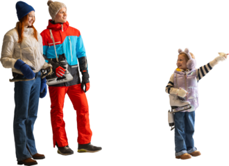 Parents and child standing with ice skates in winter clothes on transparent background. Concept of ice-skating holiday visuals, winter sports advertising, and family lifestyle content.