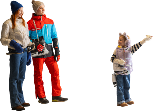 Parents and child standing with ice skates in winter clothes on transparent background. Concept of ice-skating holiday visuals, winter sports advertising, and family lifestyle content.