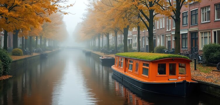 Orange houseboat with green roof floats on canal lined with autumn trees and historic houses. Bicycles parked on paved bank near water. Misty quiet morning in European city.