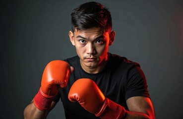 Young man with orange boxing gloves prepares for fight. Athlete in defensive stance trains in studio. Focused fighter shows intense concentration for match. Strength and power visualized.
