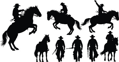 Wild west cowboy silhouette collection featuring rodeo riders on horses, cowboys walking, and horses isolated on vector illustration