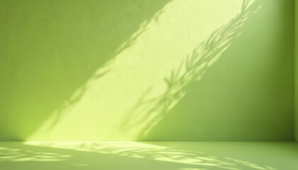 Green wall and floor with palm leaves shadow overlay. Light beam crosses wall creating texture. Minimalist studio background for product display and advertising.