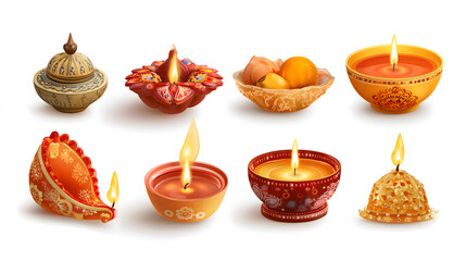 Collection of decorative indian diyas and sweets for diwali celebration