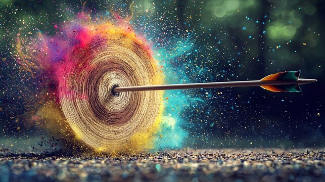 Arrow shot through the center of a bright colorful target with an explosive burst of powder and dynamic flying particles in dramatic motion