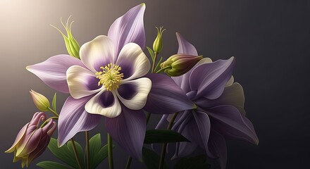 Elegant purple columbine flower blooms in soft lighting background