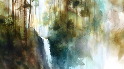 Serene watercolor forest waterfall illustration captures tranquil woodland light and airy beauty