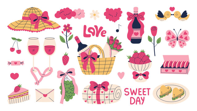 Coquette Picnic Elements Set. Romantic Outdoor Dating Valentines Day Food Drink Nature Heart Shape Pink Bow. Wine Bottle Glasses, Woven Basket. Flat vector illustration