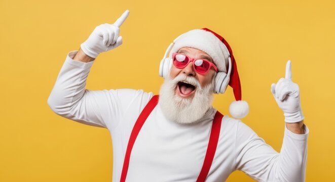 Santa claus wearing sunglasses and headphones dancing energetically - Powered by Adobe