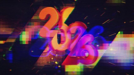 Vibrant shiny 3D numbers 2026 float digitally on a colorful pixelated abstract background with sparkling light effects. - Powered by Adobe